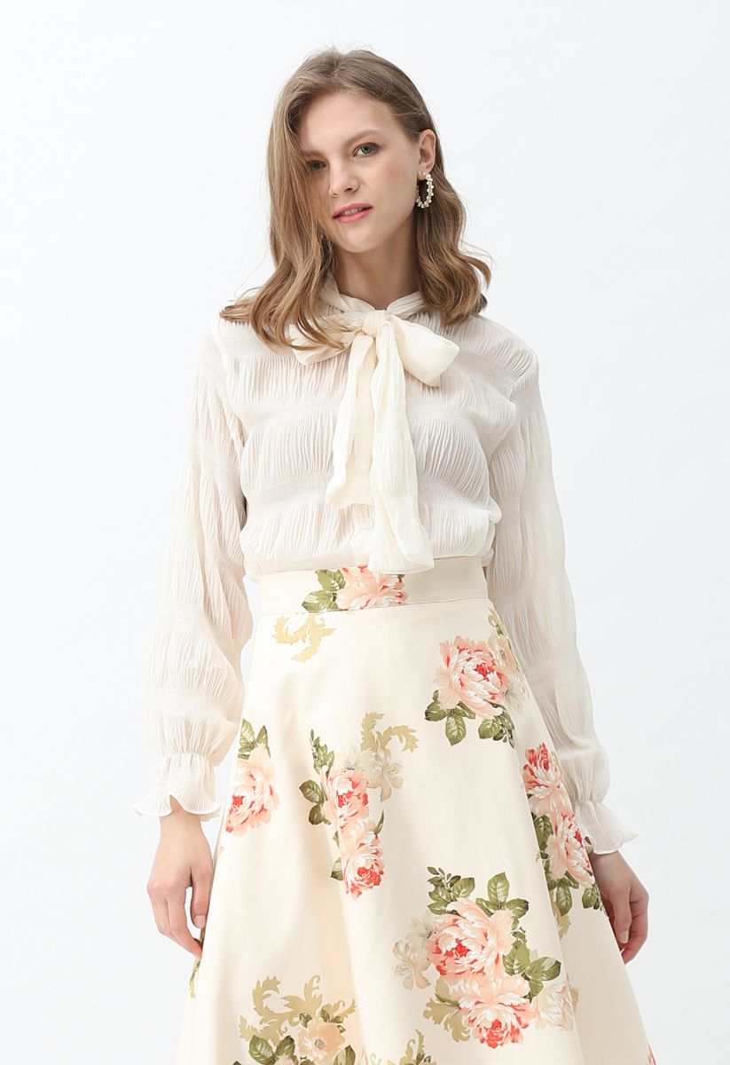 Shirred Bowknot Neck Sleeves Shirt in Creme