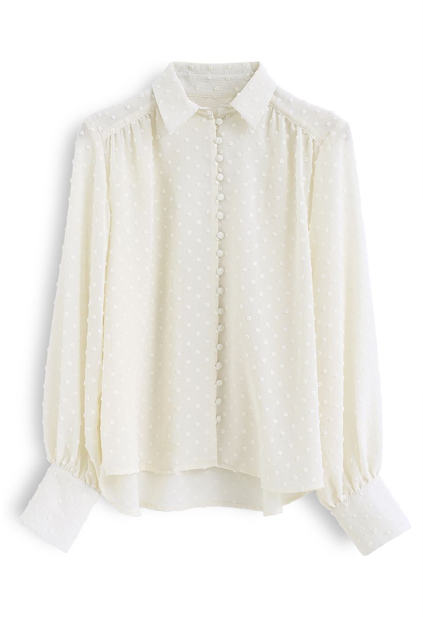 Flock Dots Button Front Hi-Lo Shirt in Creme