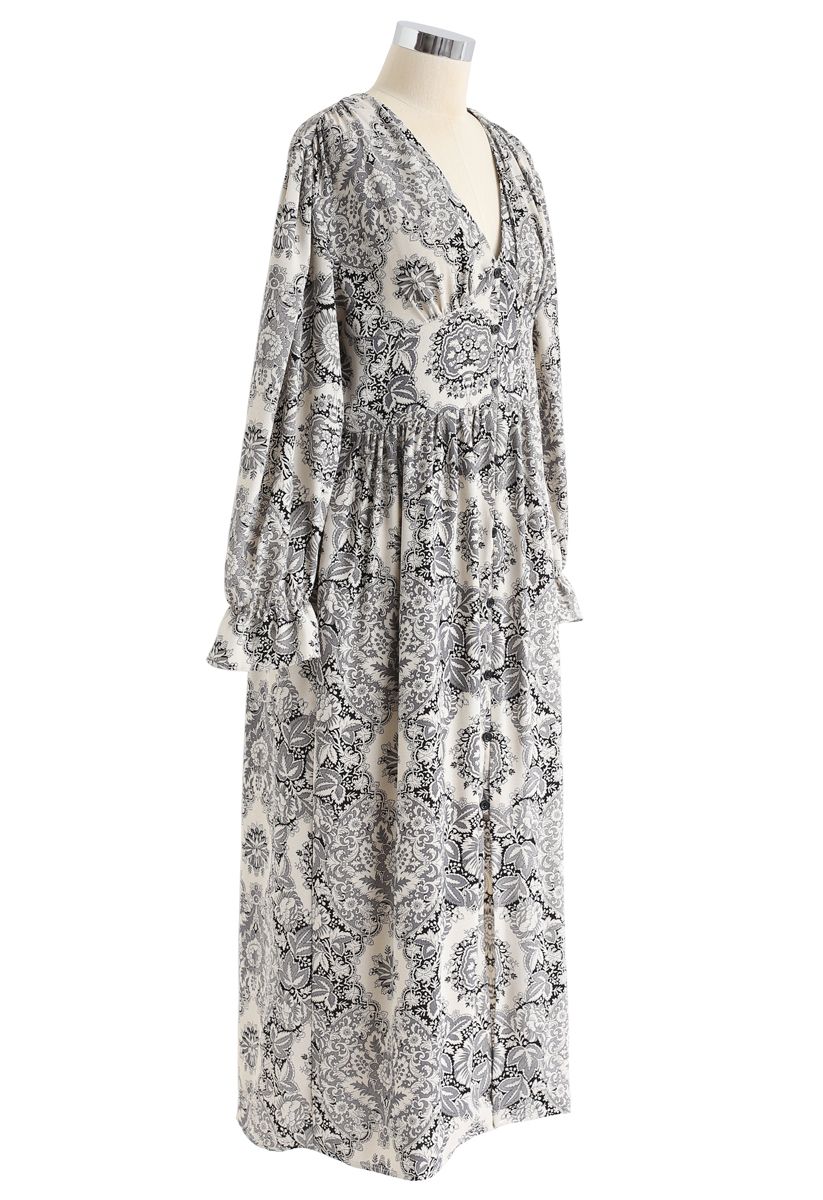 Boho Floral Kleid mit V-Ausschnitt und Button-Down