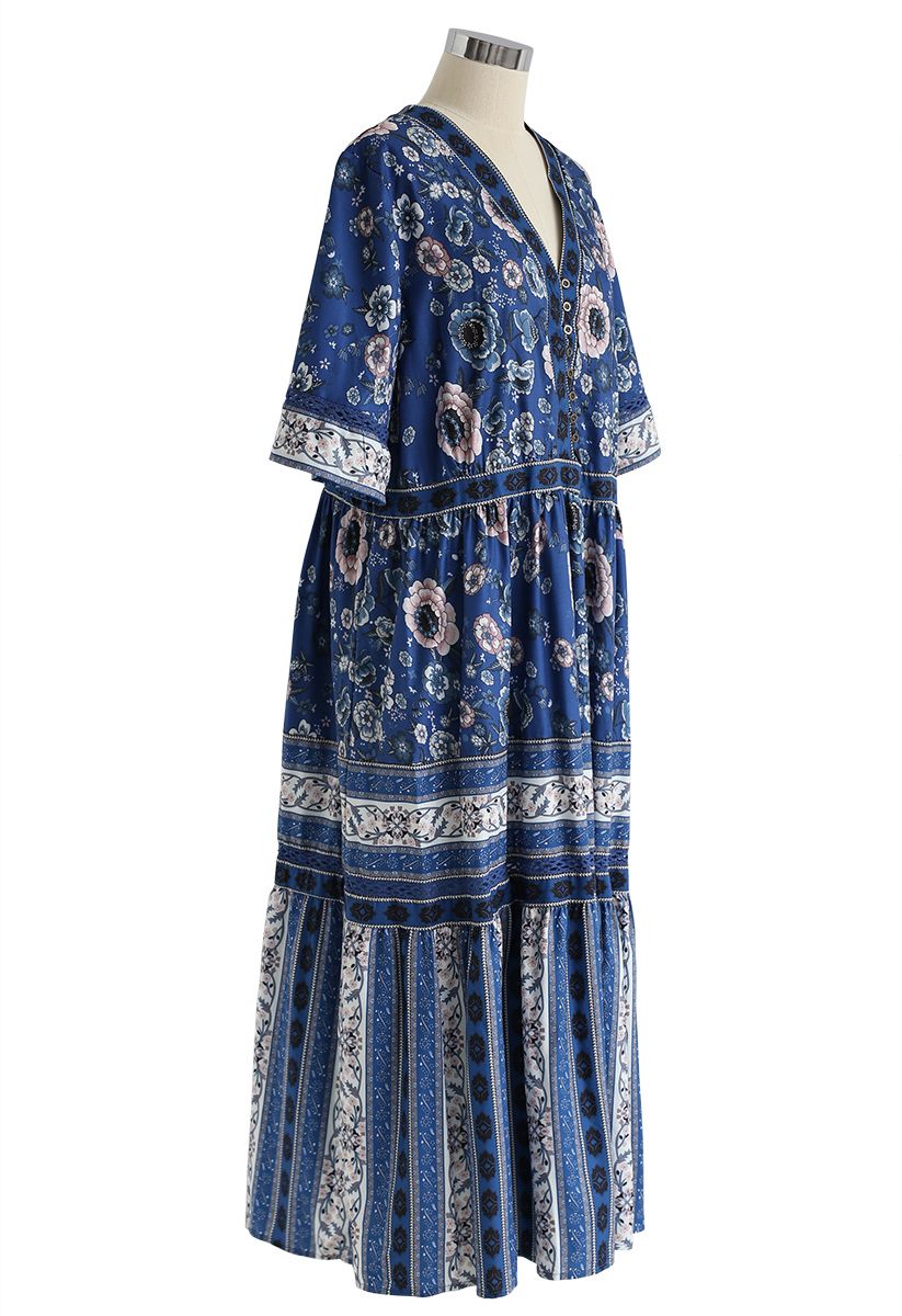 Boho Blossom Buttoned Maxikleid in Blau