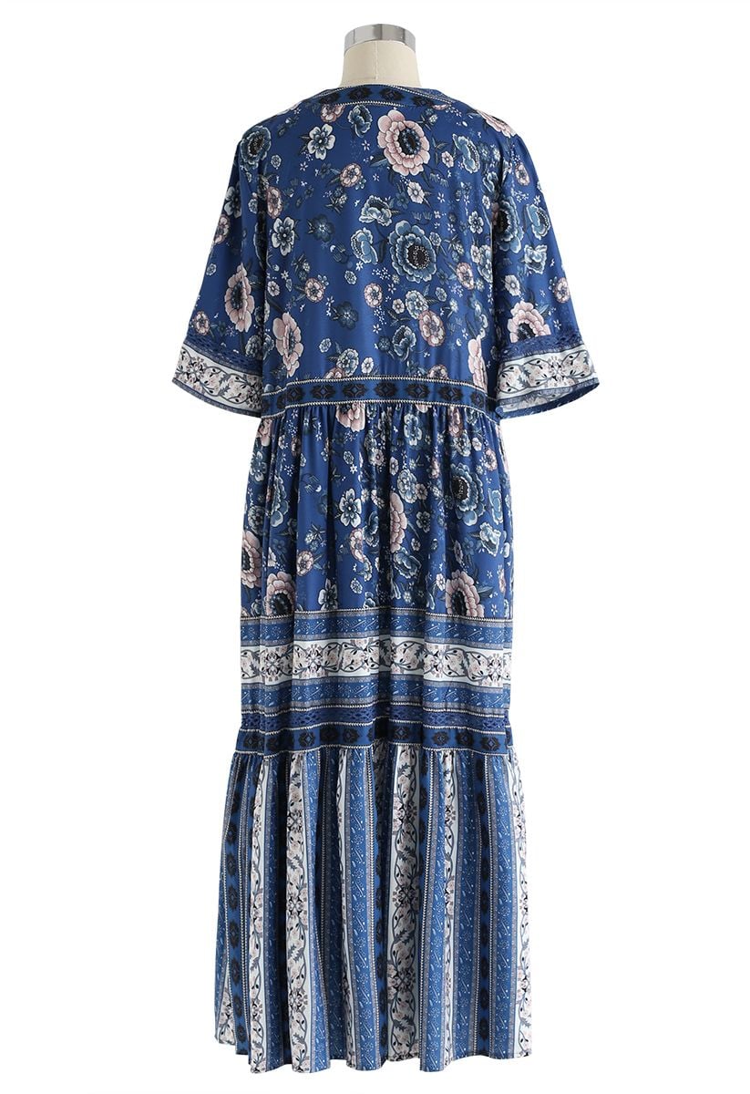 Boho Blossom Buttoned Maxikleid in Blau