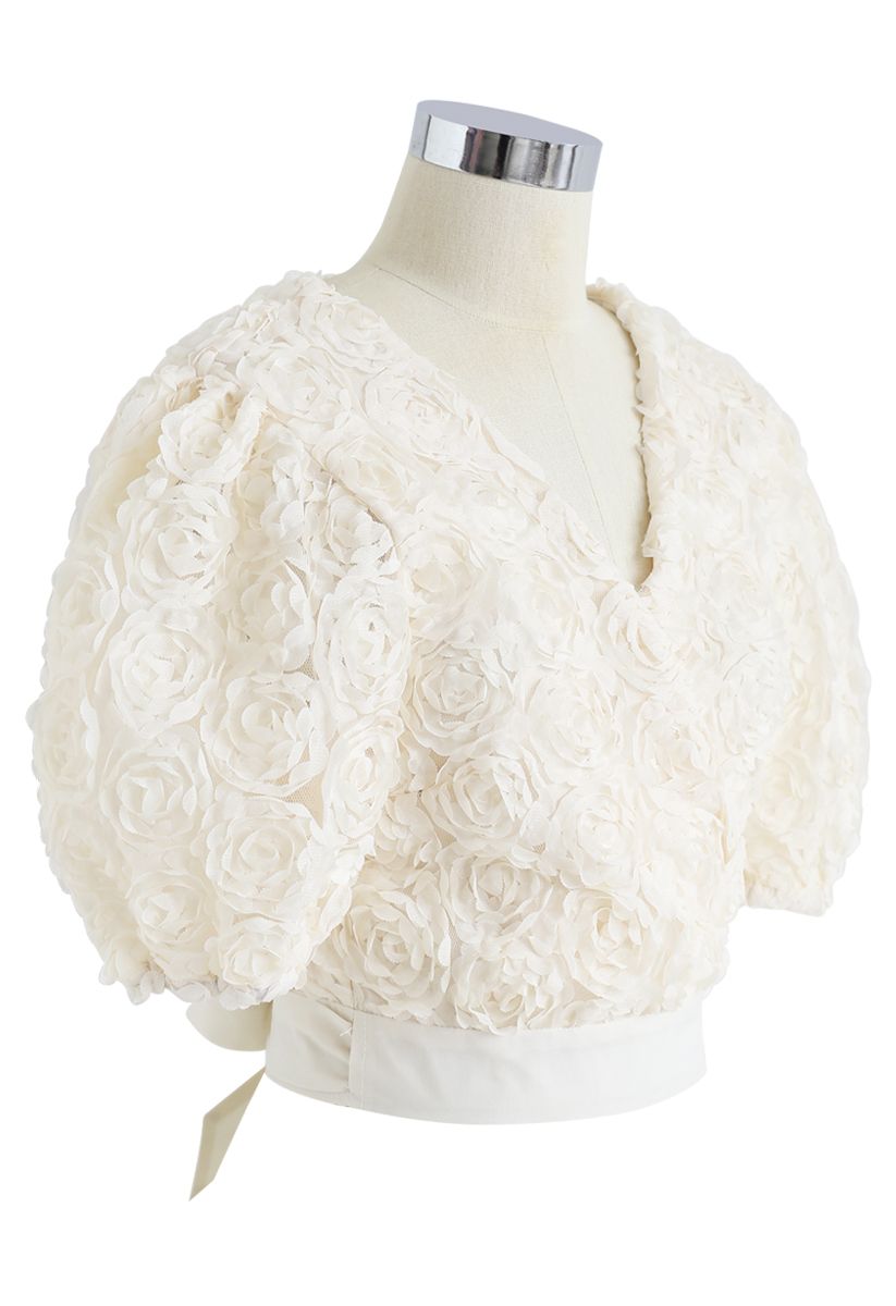 3D Roses Wrapped Crop Top in Creme