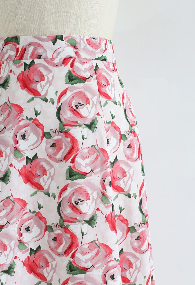Red Rose Printed A-Line Midi Skirt