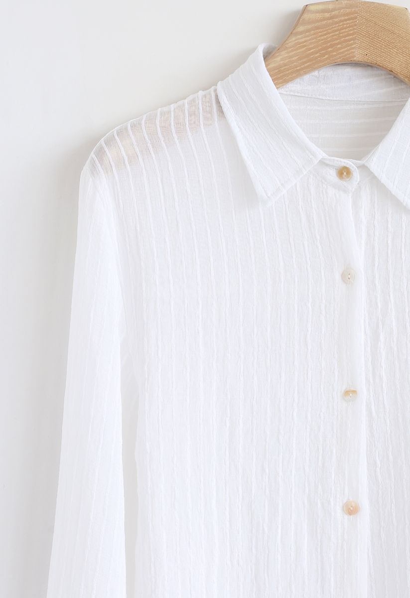 Streifen Textur Button Down Ärmel Shirt in Weiß