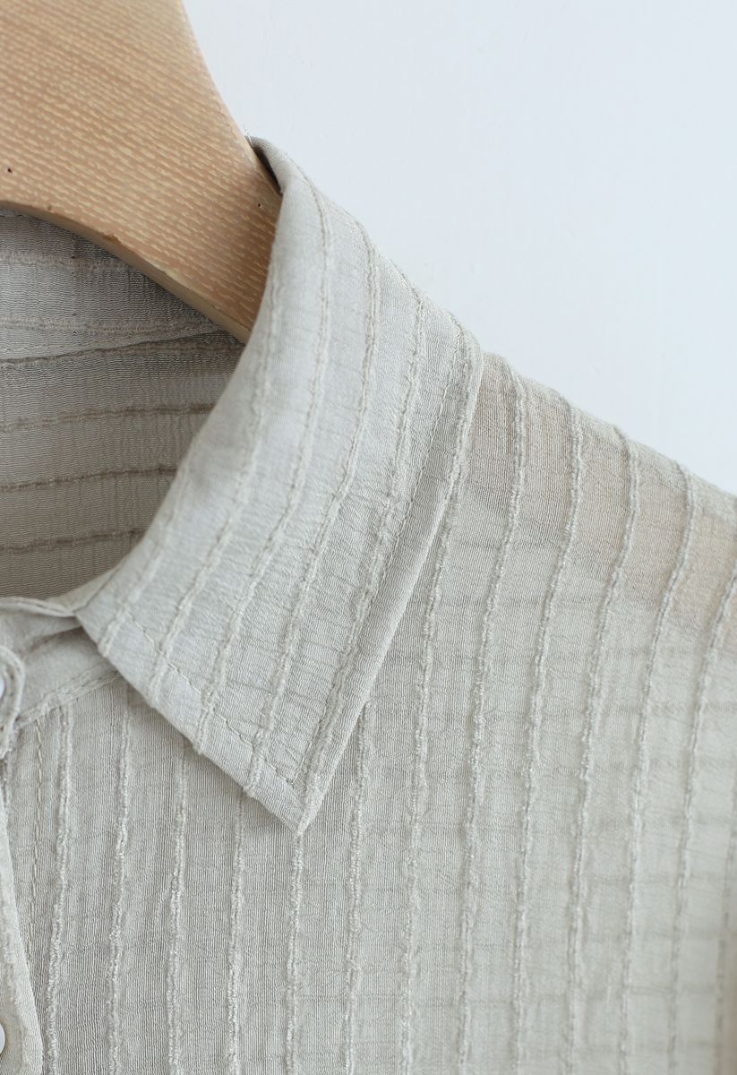 Streifen Textur Button Down Ärmel Shirt in Erbsengrün