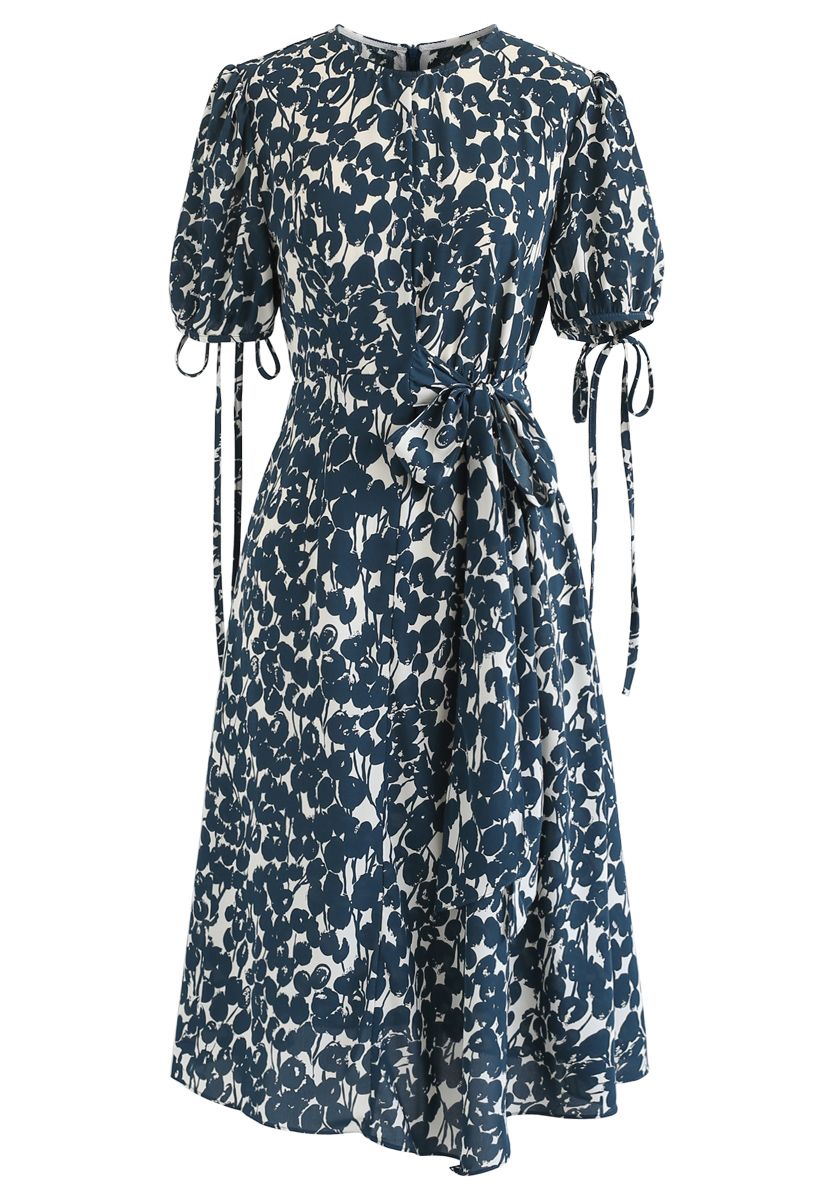 Dunkelgrünes Chiffon-Kleid mit knospendem Blumendruck