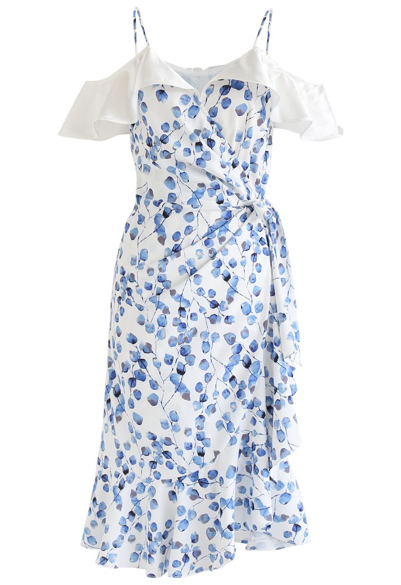 Blue Leaf Print Rüschen gewickeltes Cami-Kleid