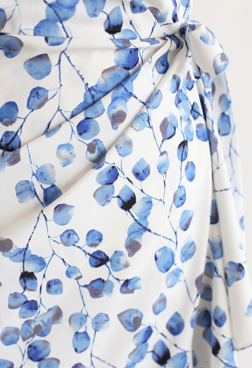 Blue Leaf Print Rüschen gewickeltes Cami-Kleid