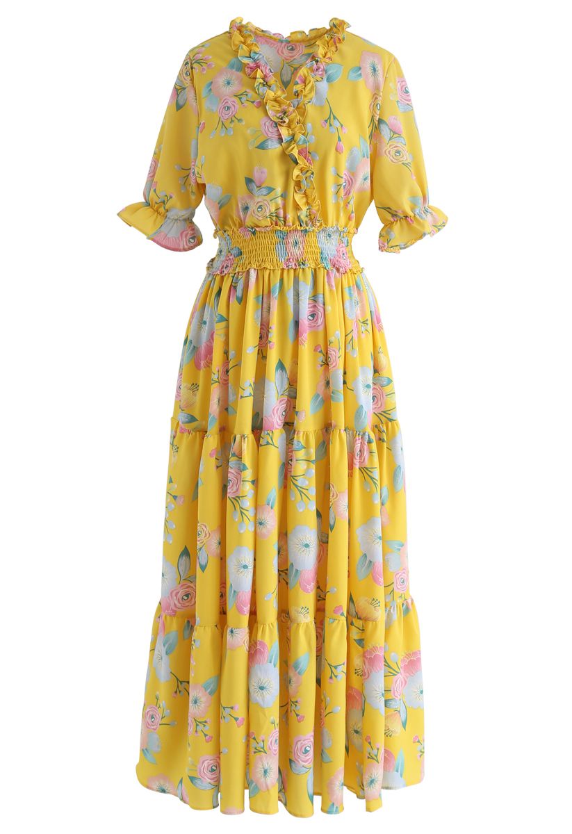 Voll blühendes Kleid mit Blumenrüschen in Gelb