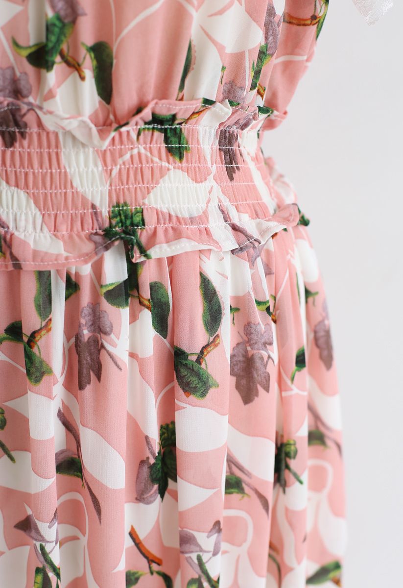 Üppige Zweige Rüschen Chiffon Kleid in Pink