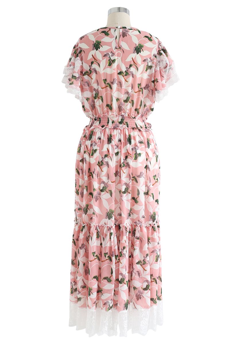 Üppige Zweige Rüschen Chiffon Kleid in Pink