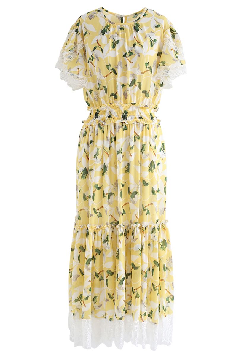 Üppige Zweige Rüschen Chiffon Kleid in Gelb