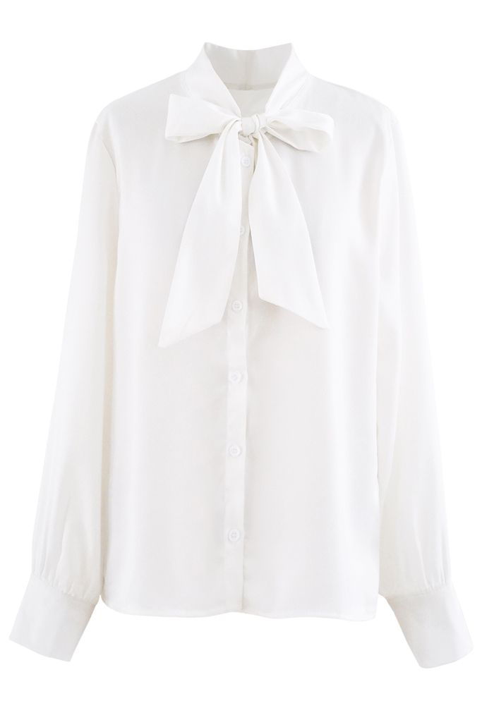 Bowknot Tie Neck Button Down Shirt in Weiß