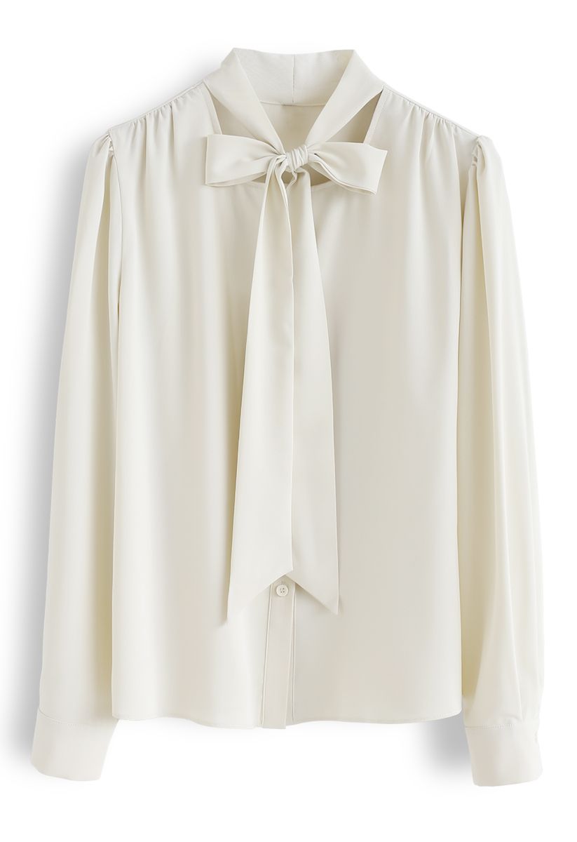 Bowknot Tie Neck Button Down Shirt in Creme