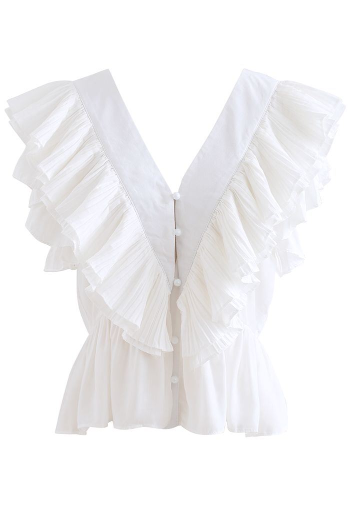 Plissee Ruffle Buttoned Deep V-Neck Crop Top