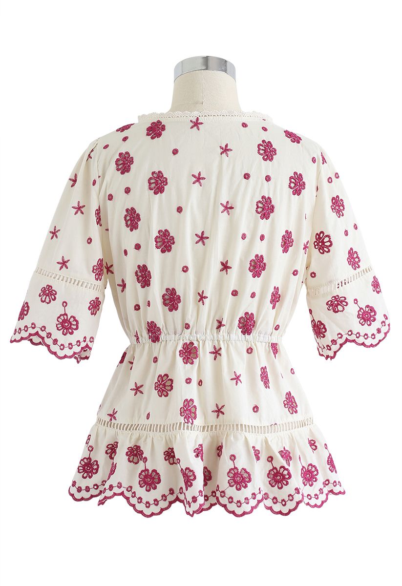 Floral Broderie Anglaise Wrap Schößchen Top in Berry