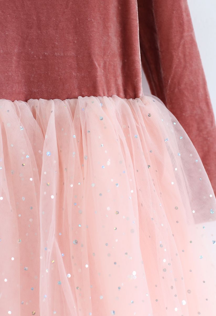 Samt Pailletten Double Layered Mesh Kleid für Kinder in Pfirsich