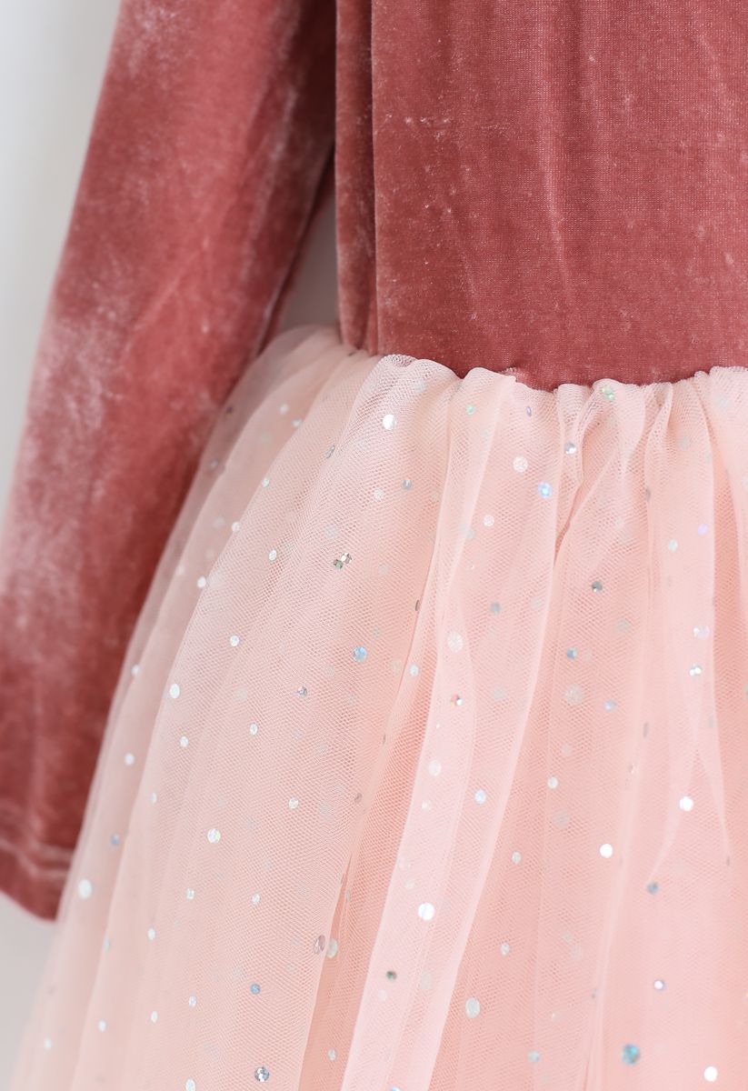 Samt Pailletten Double Layered Mesh Kleid für Kinder in Pfirsich