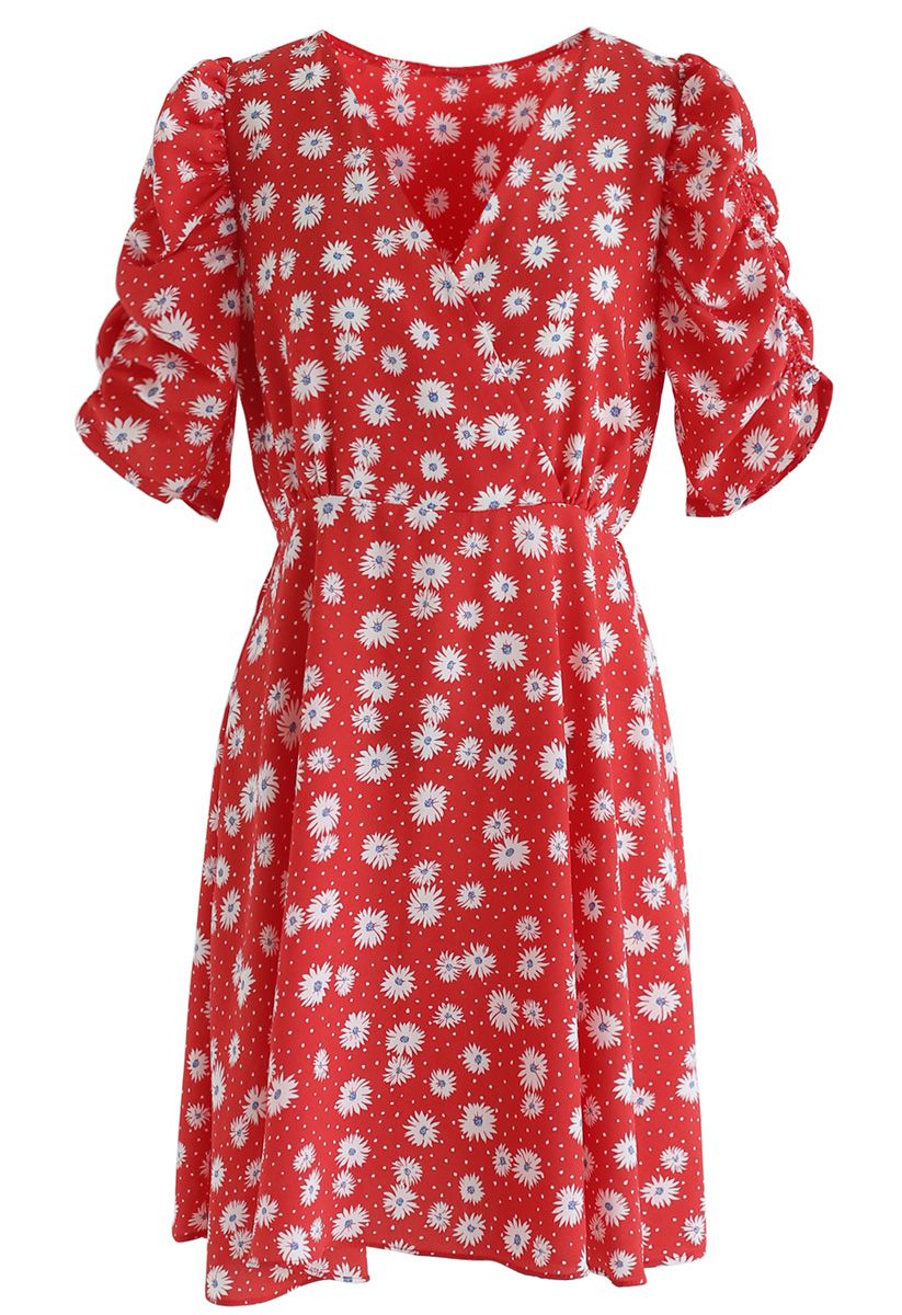 Full-Blow Daisy Print Wrapped Midi-Kleid in Rot