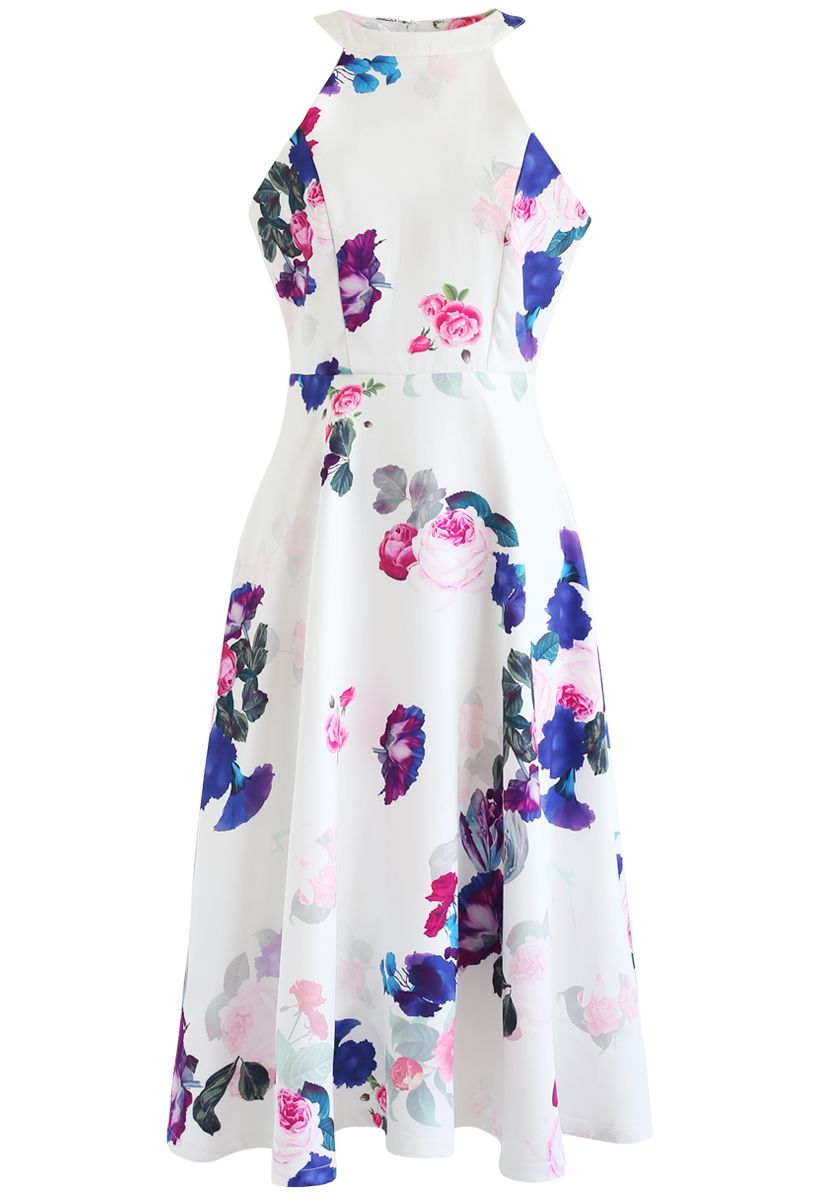 Neckholder-Kleid mit barockem Rosendruck