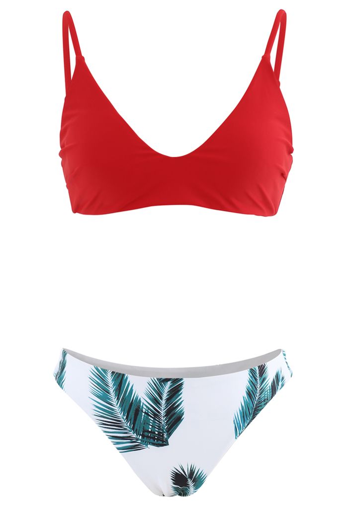 Bikini-Set mit verstellbaren Trägern, Blattdruck und hohem Beinausschnitt in Rot