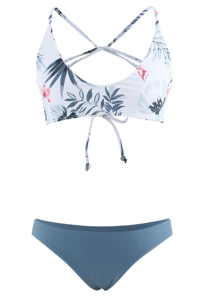 Bikini-Set mit offenem Rücken und Blattdruck in Blau