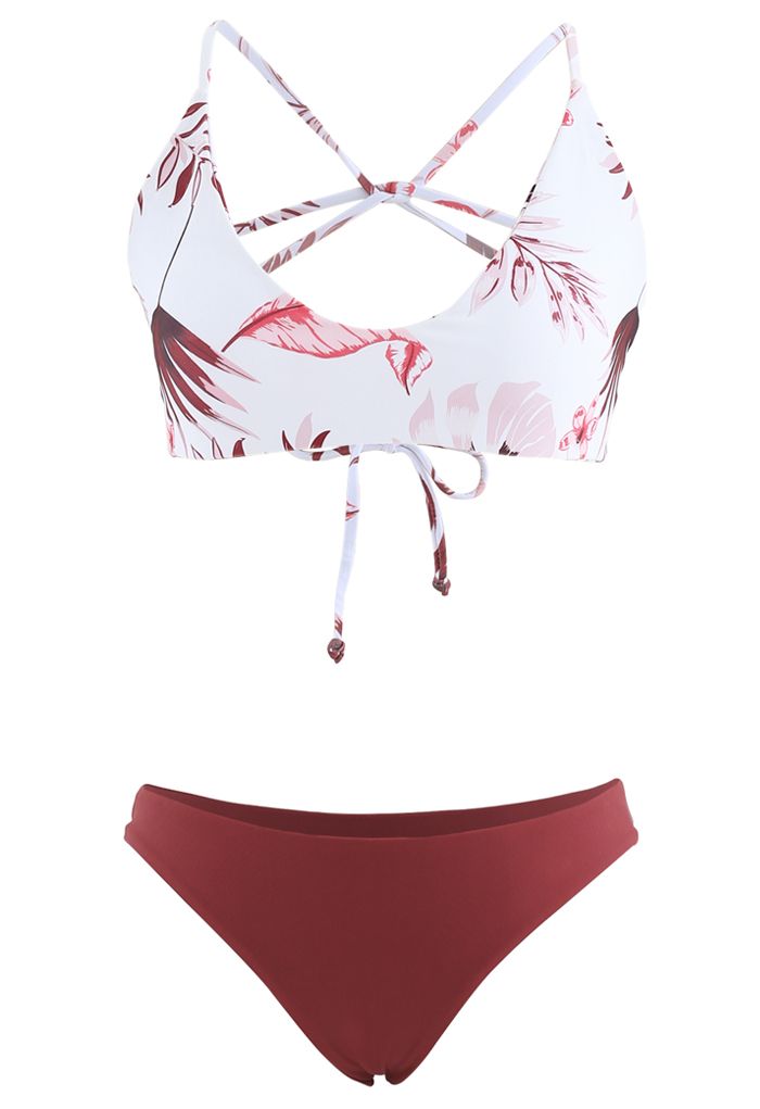 Bikini-Set mit offenem Rücken und Blattmuster in Burgund