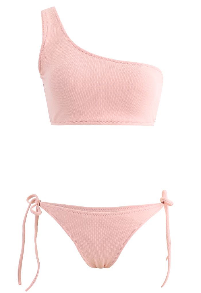 Eine-Schulter Seite Binden Schwacher Anstieg Bikini Set in Rosa