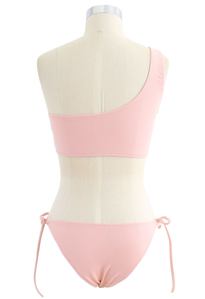Eine-Schulter Seite Binden Schwacher Anstieg Bikini Set in Rosa