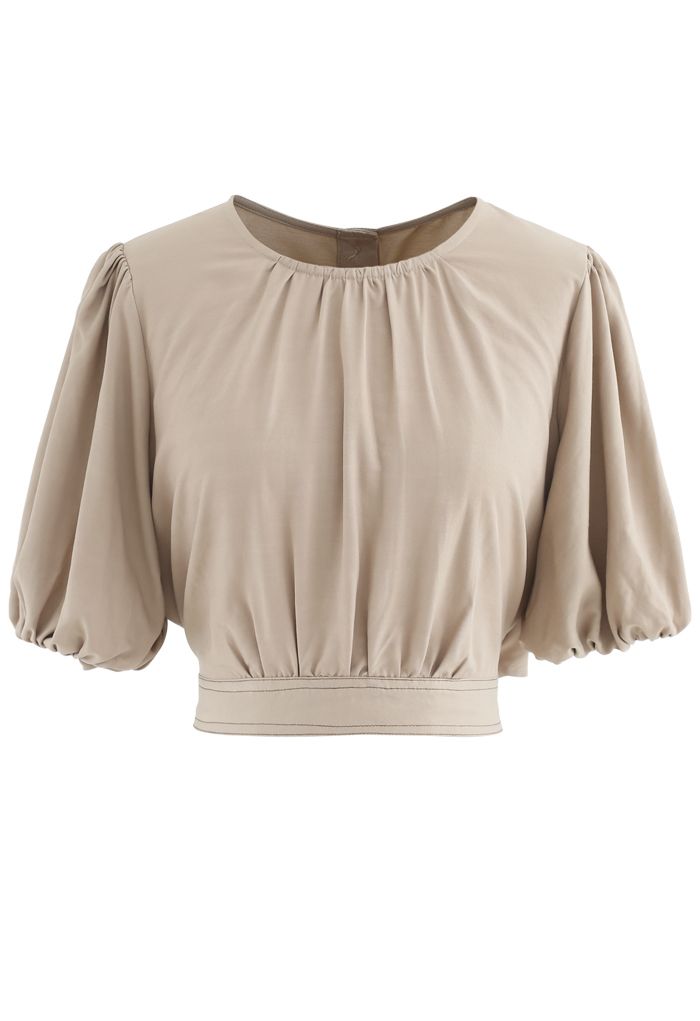 Button Back Bowknot Crop Top in Sand