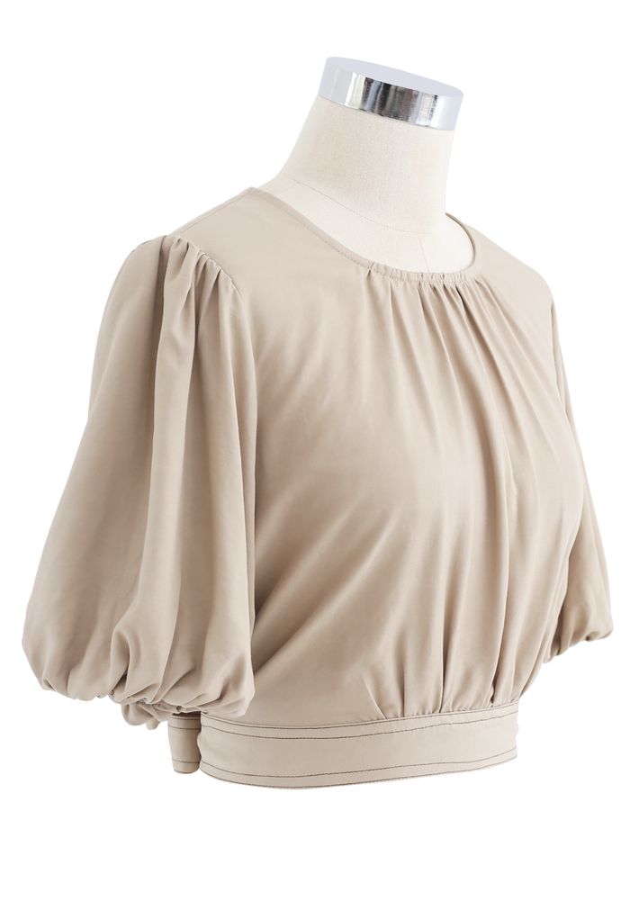 Button Back Bowknot Crop Top in Sand