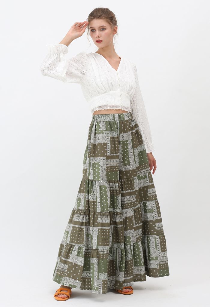 Paisley Tribal Wide-Leg Pants in Olive