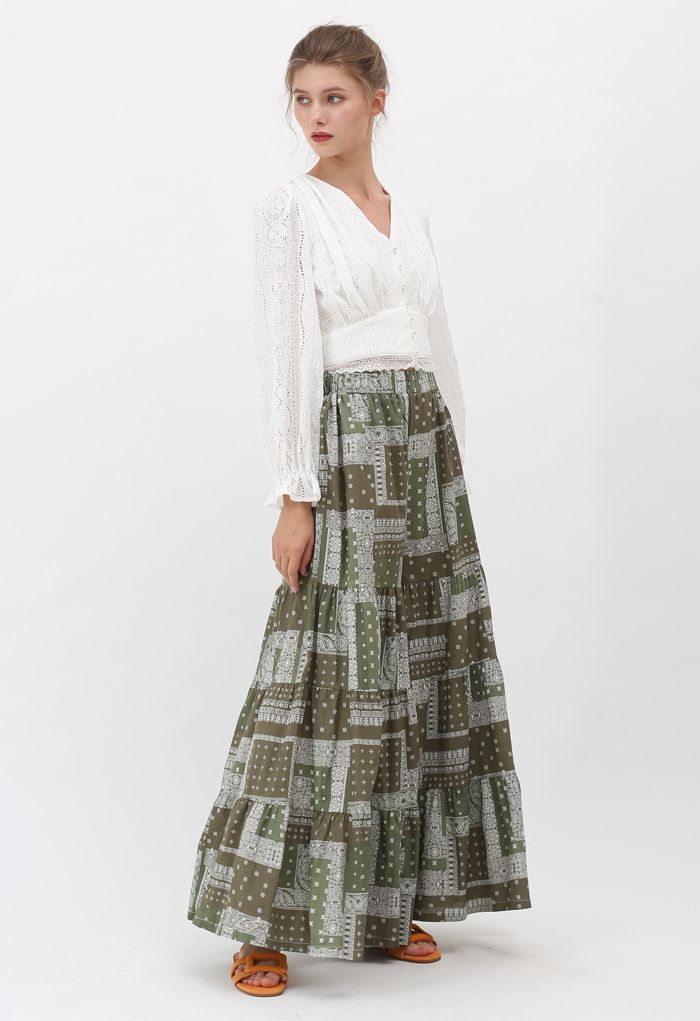 Paisley Tribal Wide-Leg Pants in Olive