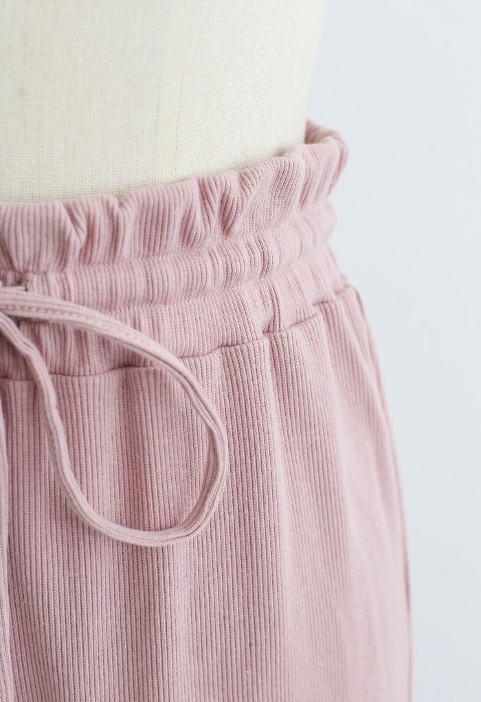 Gerippte Yoga Hose mit Kordelzug und Papiertüten-Taille in Rosa