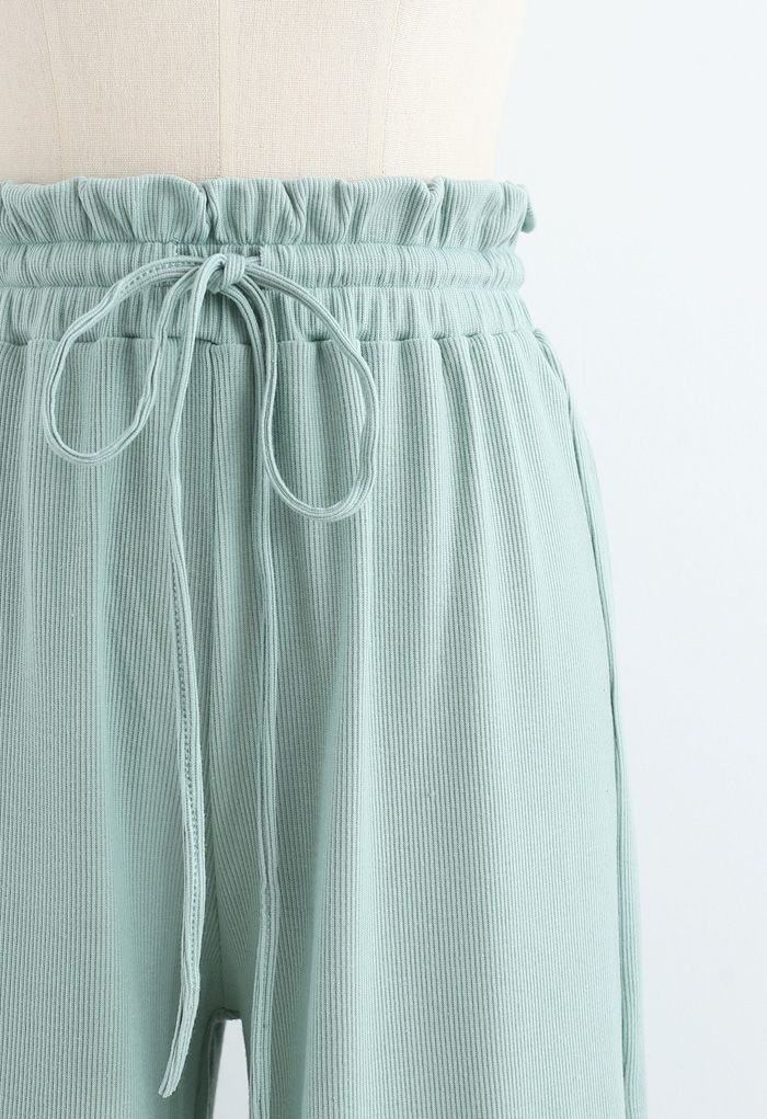 Gerippte Yoga Hose mit Kordelzug und Papiertüten-Taille in Mint