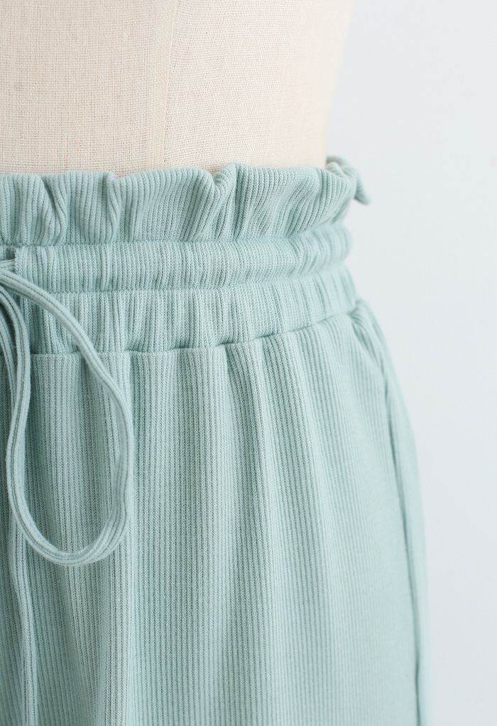 Gerippte Yoga Hose mit Kordelzug und Papiertüten-Taille in Mint