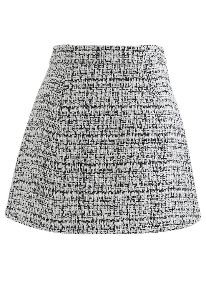 Tweed Asymmetric Mini Skirt in Black