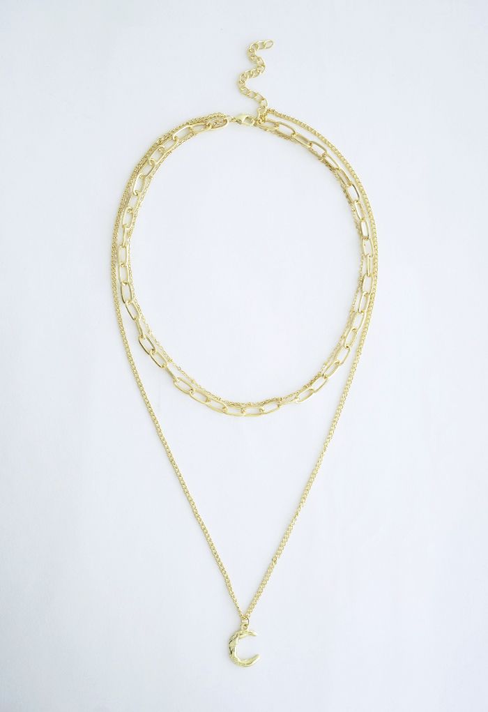 Mehrlagige Halskette mit Anhänger aus Gold mit Mondkette