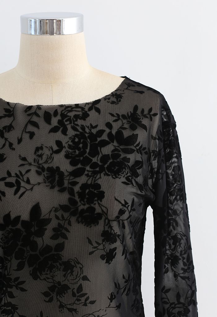 Full Flower Trim Mesh Top in Black