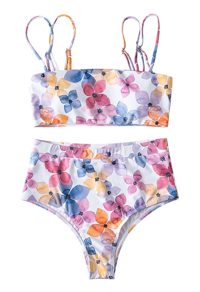 Mehrfarbiges Bikini-Set mit doppelten Trägern und Blumenmuster und hoher Taille