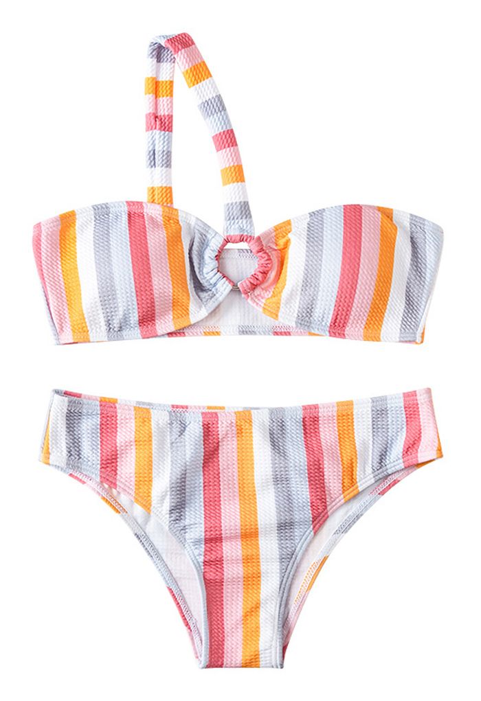 One-Shoulder-Bikini-Set mit Regenbogenstreifen und Farbblock