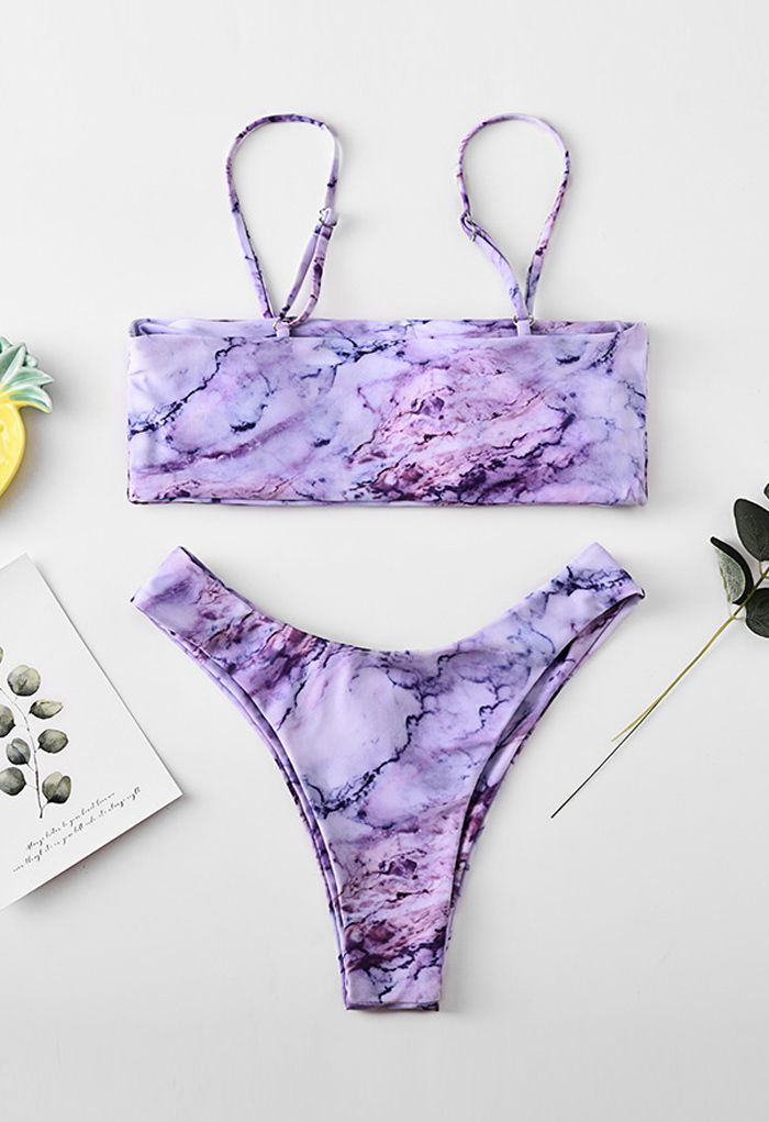 Bikini-Set mit niedrigem Bund und lila Marmormuster