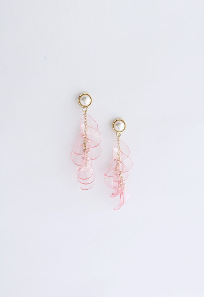 Pearl with Plastic Petal Drop Earrings in Pink
