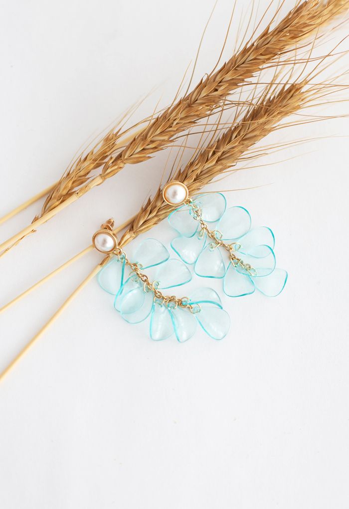 Pearl with Plastic Petal Drop Earrings in Blue