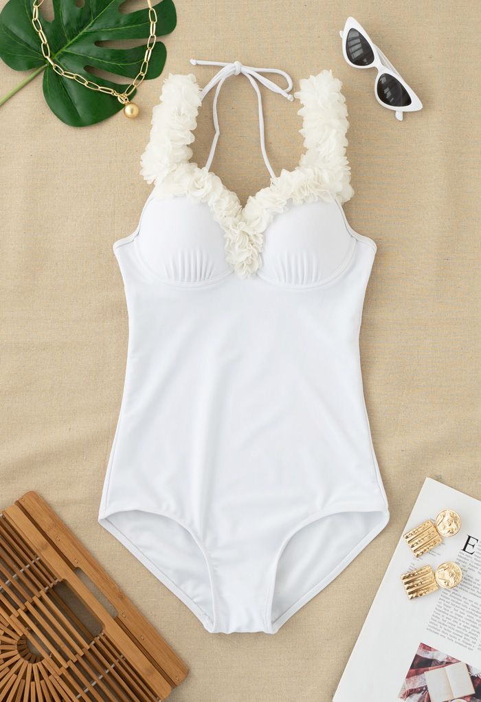 Einteiliger Badeanzug mit Mesh-Blume und Trägern in Weiß