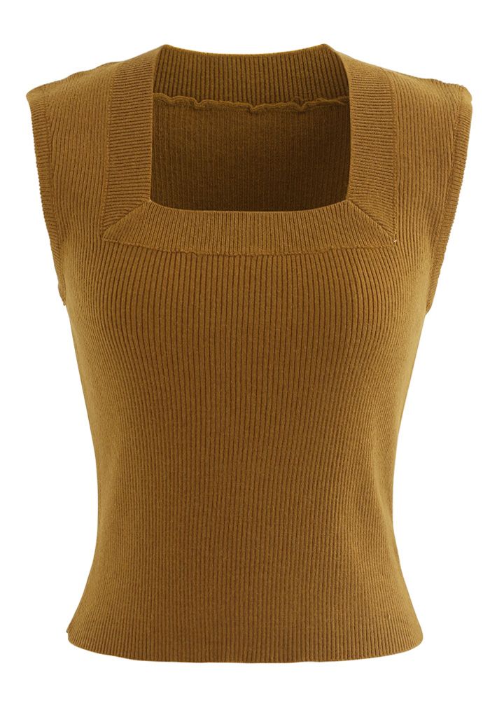 Square Neck Sleeveless Ribbed Knit Top in Caramel