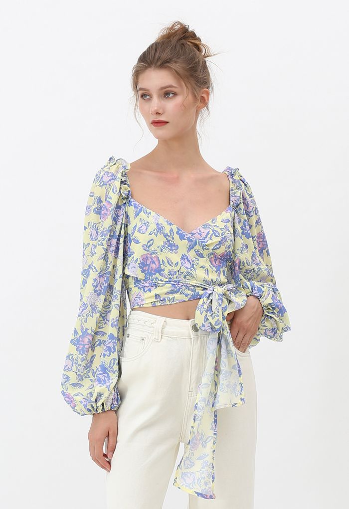 Puff Sleeves Floral Shirred Wrapped Crop Top