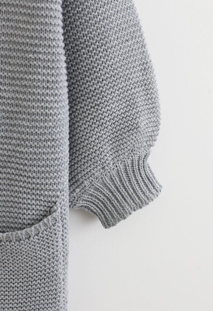 Einfache Taschen Offene Vorderseite Strickjacke in Grau