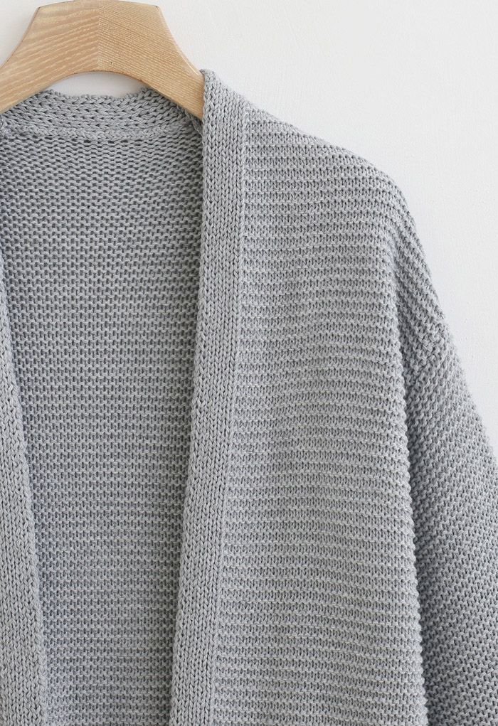 Einfache Taschen Offene Vorderseite Strickjacke in Grau