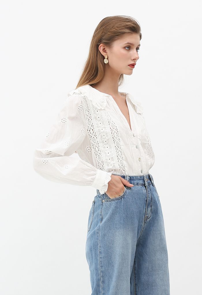 Shell Button V-Neck Embroidered Eyelet Top